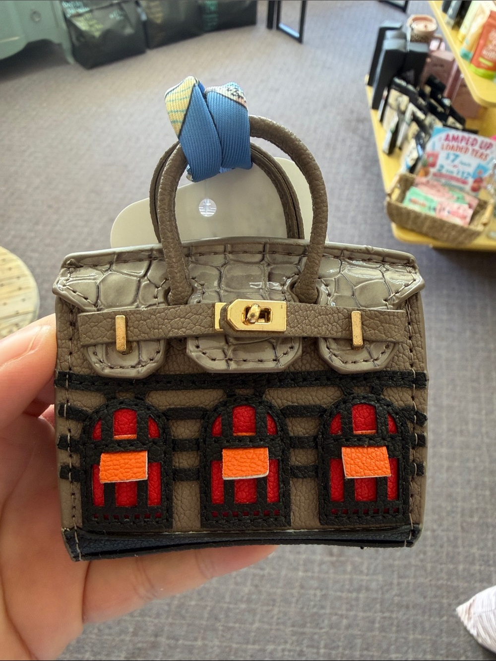 Mini Structured Tote Charm - Brown with Red & Orange Accents